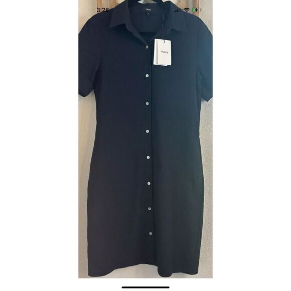 Theory Navy Blue Seersucker Dress Size Large * missing belt - Picture 5 of 13